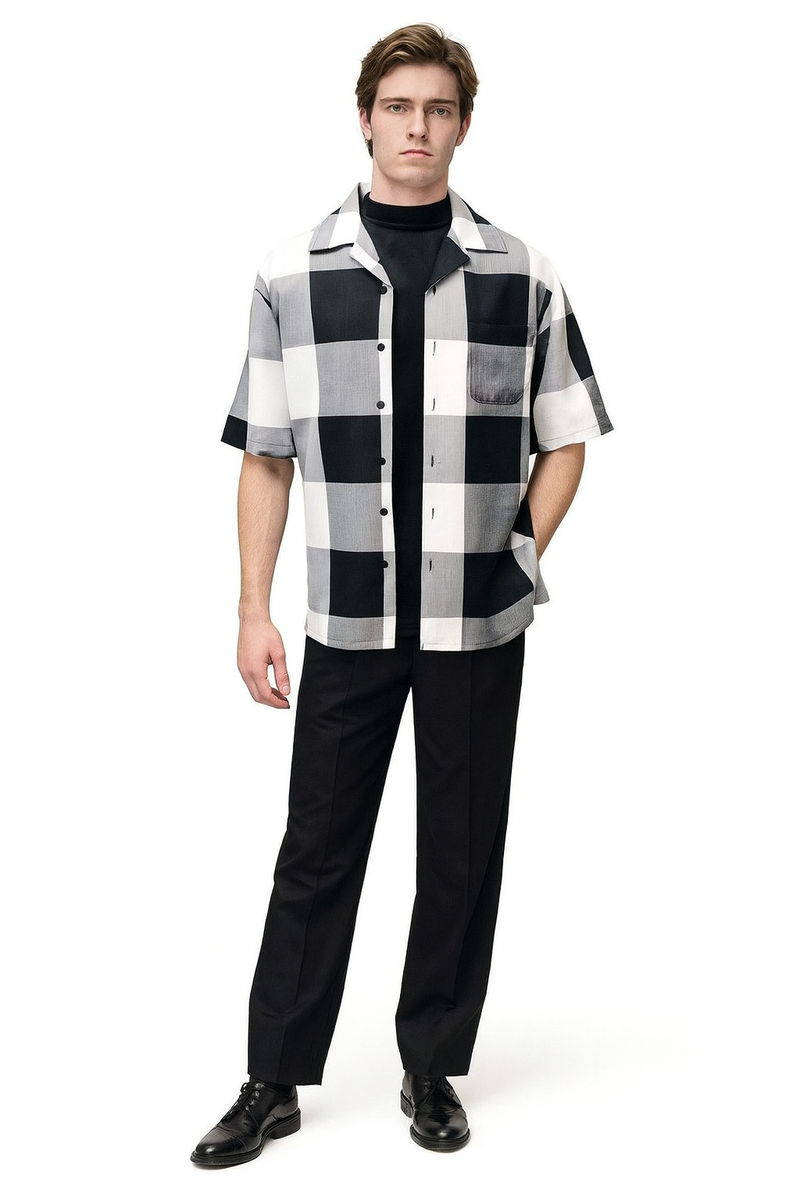 Mens Black and White Checkered Short Sleeve Shirt Set – Casual Two-Piece Summer Outfit