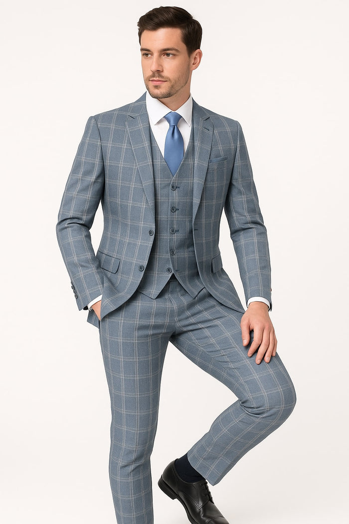 Mens Blue Windowpane Checkered Slim Fit Suit - 3 Piece Stretch Business Suit by USA Men's Outlet