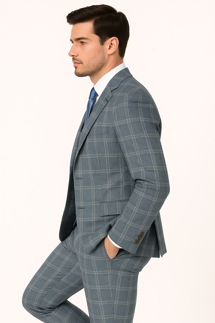 Mens Blue Windowpane Checkered Slim Fit Suit - 3 Piece Stretch Business Suit by USA Men's Outlet