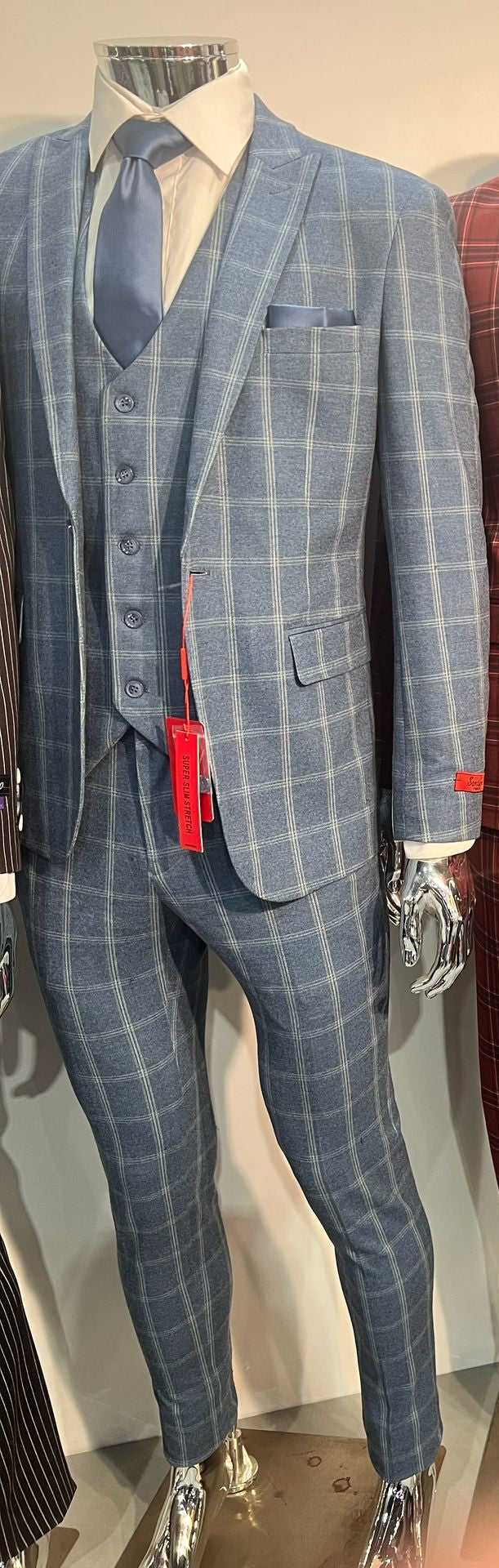 Mens Blue Windowpane Checkered Slim Fit Suit - 3 Piece Stretch Business Suit by USA Men's Outlet