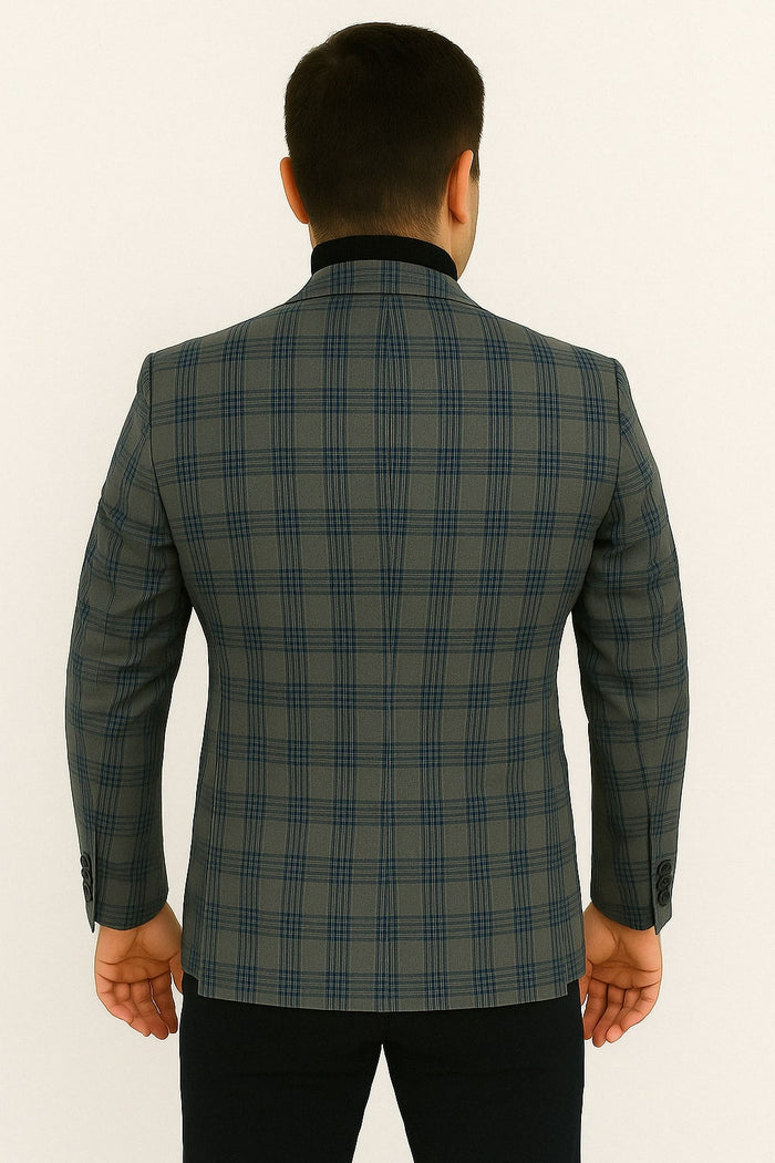 Mens Blue and Grey Windowpane Plaid Blazer - Casual Sport Coat by USA Men's Outlet