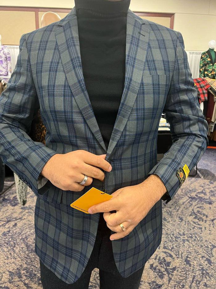 Mens Blue and Grey Windowpane Plaid Blazer - Casual Sport Coat by USA Men's Outlet