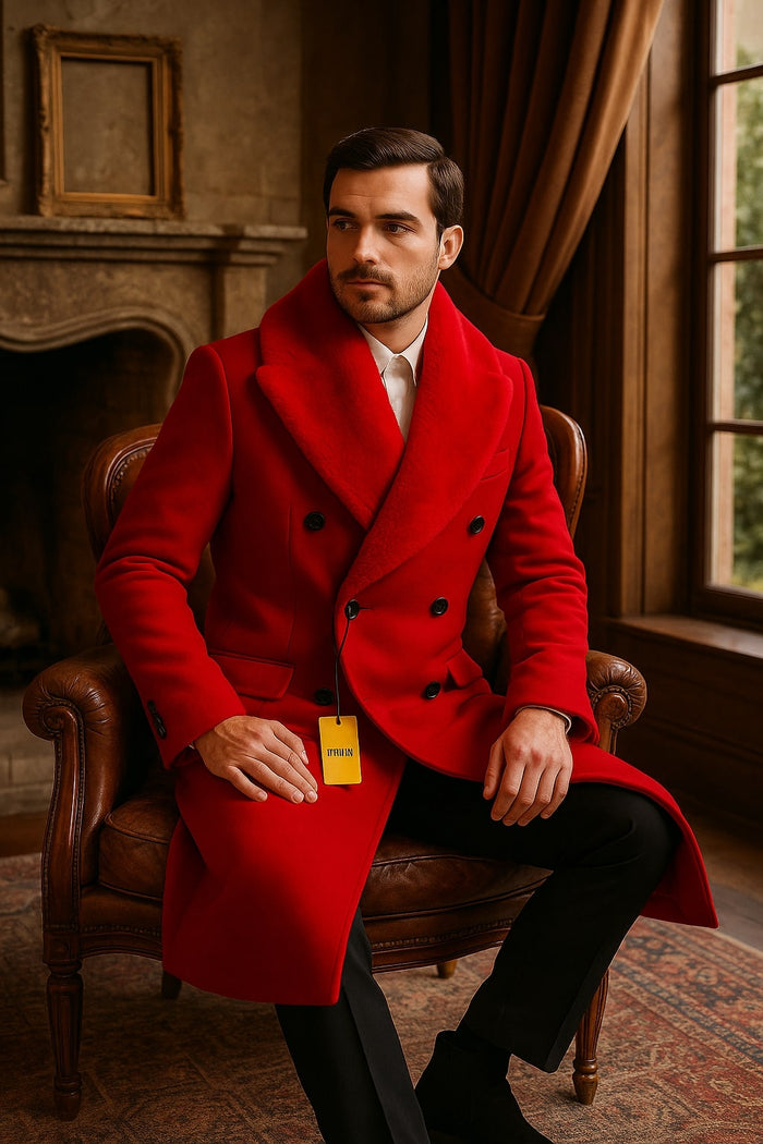 Mens Double Breasted Red Overcoat with Bold Red Faux Fur Collar - Alberto Nardoni Luxury Winter Coat USA Men's Outlet