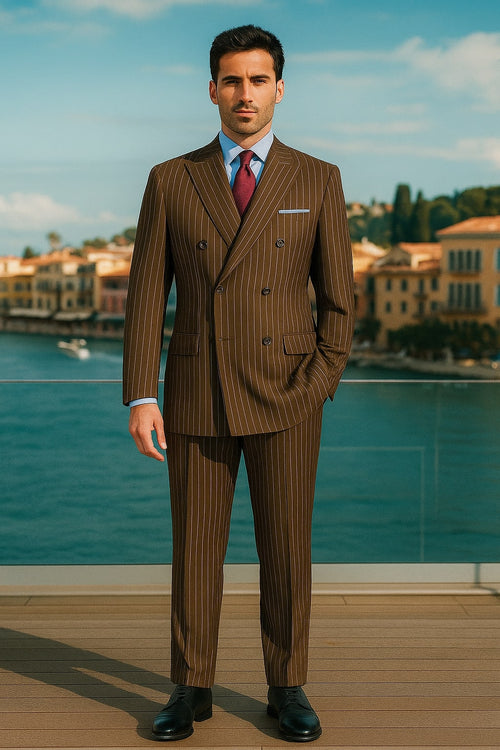 Mens Brown Pinstripe Double-Breasted Suit - Classic 6-Button Business and Vintage Style by USA Men's Outlet
