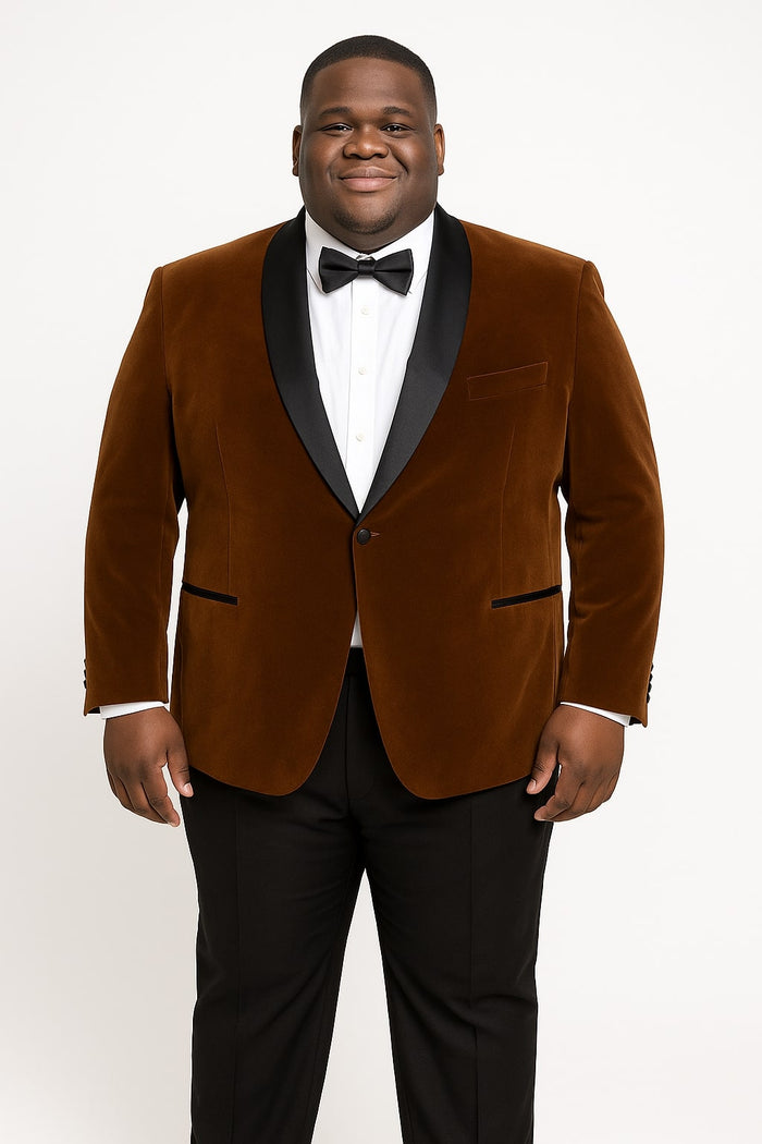 Mens Brown Velvet Tuxedo with Black Satin Shawl Lapel - One Button Formal Suit Jacket by USA Men's Outlet