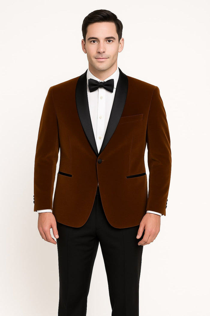 Mens Brown Velvet Tuxedo with Black Satin Shawl Lapel - One Button Formal Suit Jacket by USA Men's Outlet