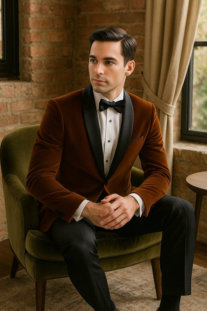 Mens Brown Velvet Tuxedo with Black Satin Shawl Lapel - One Button Formal Suit Jacket by USA Men's Outlet