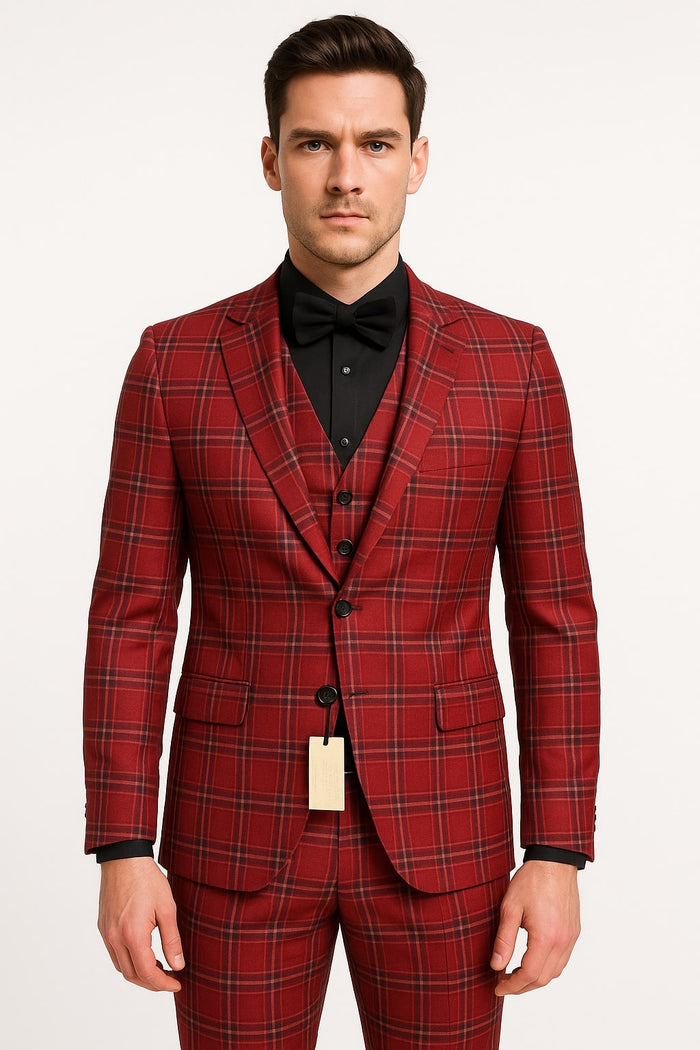 Mens Burgundy Plaid Three-Piece Suit - Ultra Slim Fit Checkered Windowpane Redish 544-10 by USA Men's Outlet