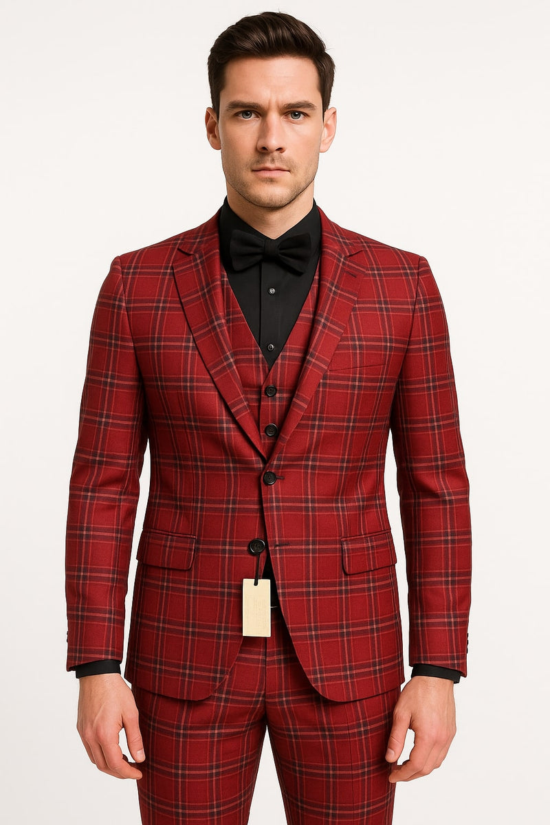 Mens Burgundy Plaid Three-Piece Suit – Ultra Slim Fit Checkered Windowpane Redish 544-10