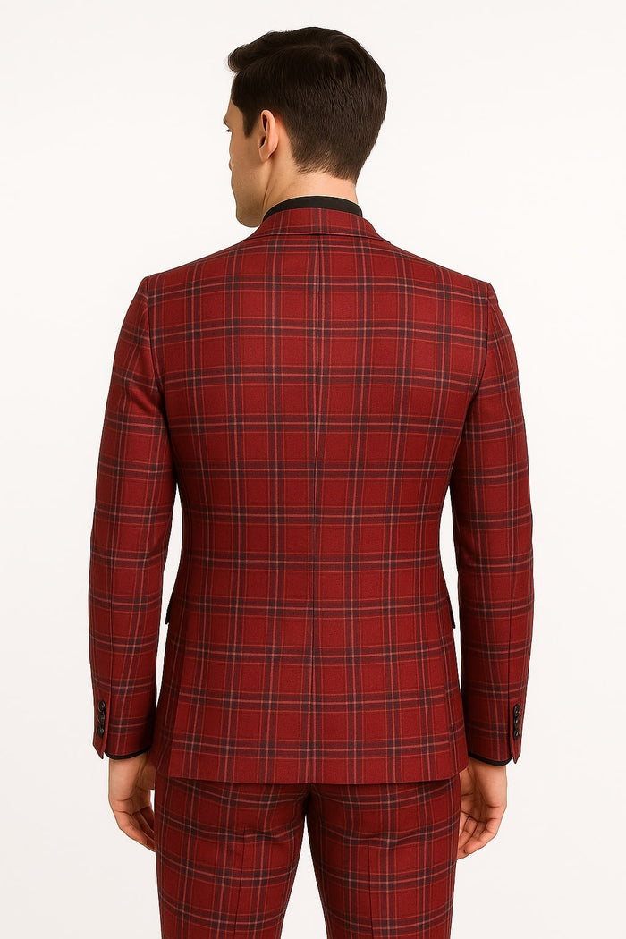 Mens Burgundy Plaid Three-Piece Suit - Ultra Slim Fit Checkered Windowpane Redish 544-10 by USA Men's Outlet