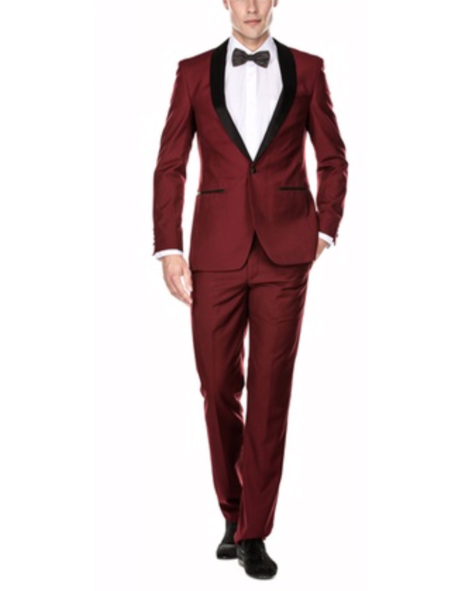 Maroon Prom Suit - Maroon Prom Tuxedo Suits - Maroon Wedding Tuxedo Mens Slim Fit 1 Button Shawl Tuxedo in Burgundy