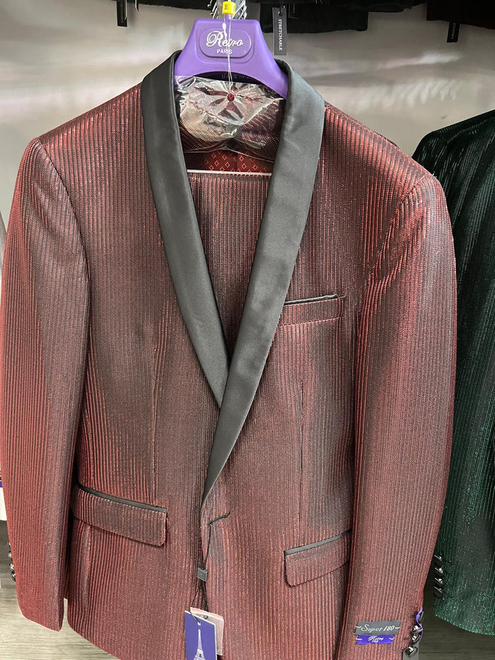 Mens Burgundy Shiny Stripe Tuxedo Jacket - Slim Fit Satin Lapel Dinner Blazer for Formal Events by USA Men's Outlet