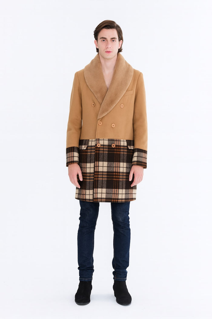 Mens Camel Brown Shawl Collar Overcoat with Plaid Wool Bottom - Double-Breasted Winter Topcoat With Fur Collar by USA Men's Outlet