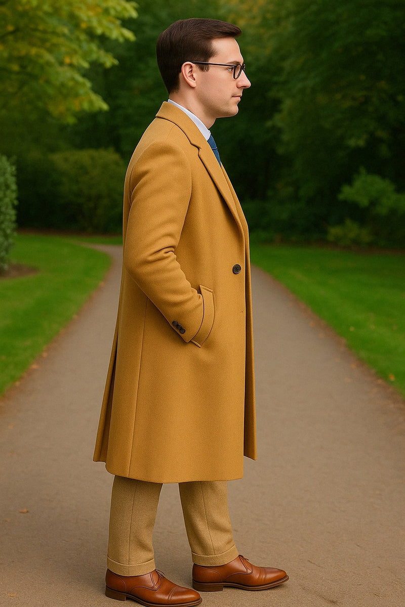 Great Gatsby Package -  Mens Camel Overcoat with Beige Tweed 3-Piece Suit Combo 4 Items Formal Winter Outfit