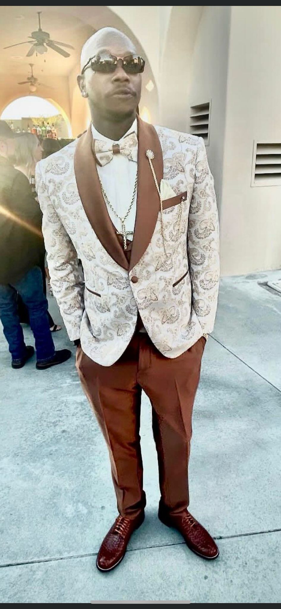 Mens Champagne Paisley Tuxedo with Brown Satin Lapel and Pants - Formal Wedding Suit with Chain Brooch USA Men's Outlet