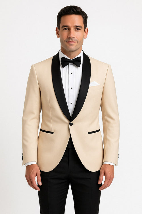 Mens Champagne Light Tan Tuxedo Jacket with Black Shawl Lapel – Classic One-Button Formal Dinner Jacket - Nude Color tuxedo