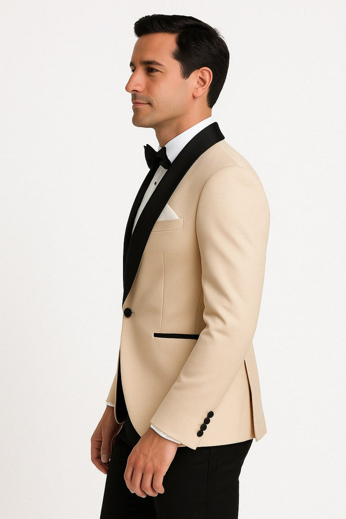 Mens Champagne Light Tan Tuxedo Jacket with Black Shawl Lapel - Classic One-Button Formal Dinner Jacket - Nude Color by USA Men's Outlet