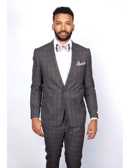 Men’s Slim Fit Charcoal Plaid Suit by Rossiman Rossi - 1-Button Jacket & Tapered Pants - Italian Tailored 3-Piece Luxury Suit USA Men's Outlet