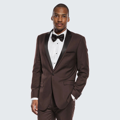 Mens Chocolate Brown Tuxedo with Black Satin Peak Lapel – Formal Wedding and Prom Suit