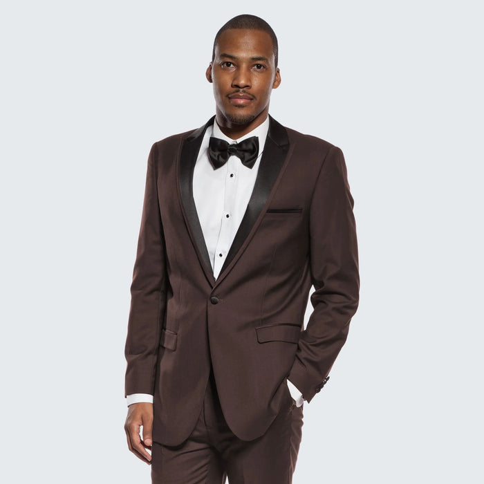 Mens Chocolate Brown Tuxedo with Black Satin Peak Lapel - Formal Wedding and Prom Suit by USA Men's Outlet