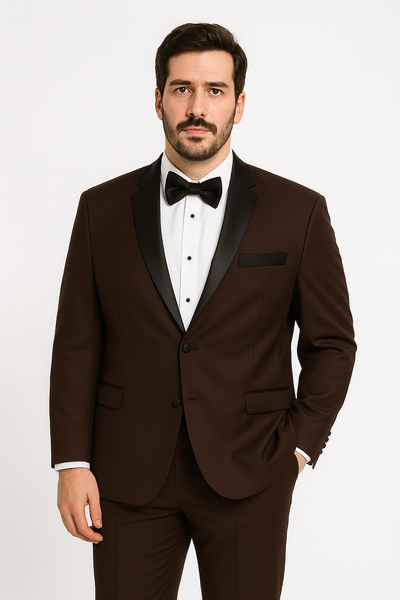 Mens Chocolate Brown Tuxedo with Black Satin Peak Lapel – Formal Wedding and Prom Suit