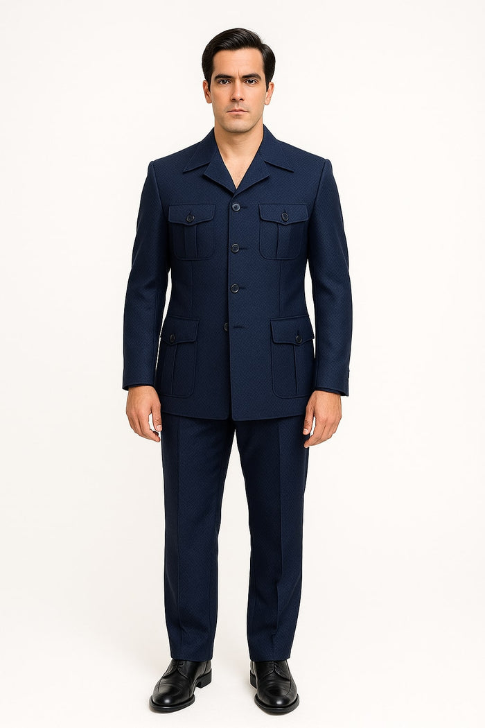 Mens Classic Navy Safari Suit with Utility Jacket and Coordinated Trousers by USA Men's Outlet