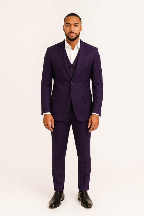 Mens Classic Three-Piece Purple Suit – Formal Slim Fit Tuxedo Set with Vest
