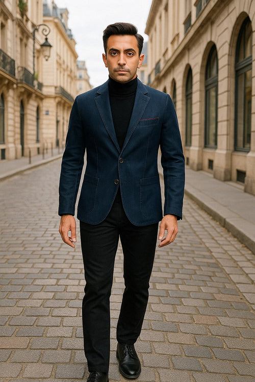 Mens Dark Blue Denim Casual Blazer with Notch Lapel and Single Button Closure by USA Men's Outlet