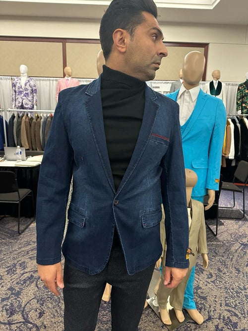 Mens Dark Blue Denim Casual Blazer with Notch Lapel and Single Button Closure by USA Men's Outlet