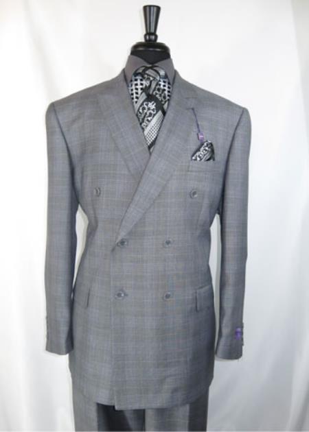 Men's Peak Lapel Double Breasted Suit High back Vented Jacket with Flap Pockets Grey by Vinci