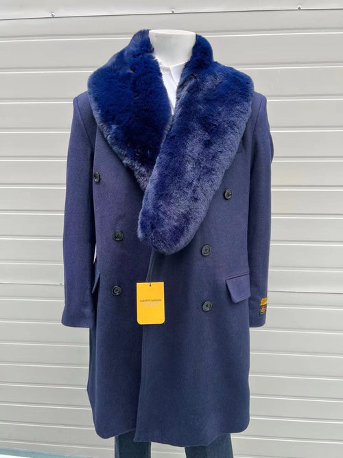 Mens Double-Breasted Navy Overcoat with Plush Blue Faux Fur Collar - Alberto Nardoni Winter Coat USA Men's Outlet