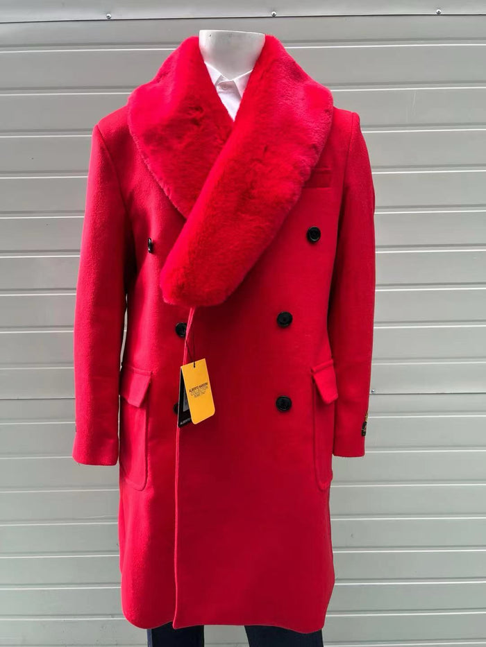 Mens Double Breasted Red Overcoat with Bold Red Faux Fur Collar - Alberto Nardoni Luxury Winter Coat USA Men's Outlet