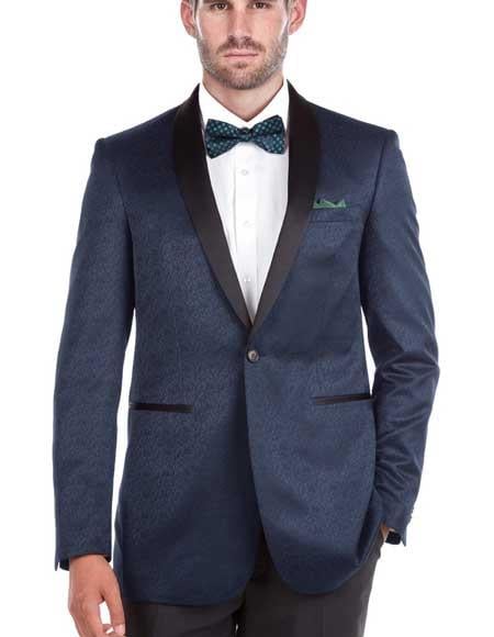 Men's Shawl Collar Blue Textured Double Vent Tuxedo Slim Fit Blazer mensusain