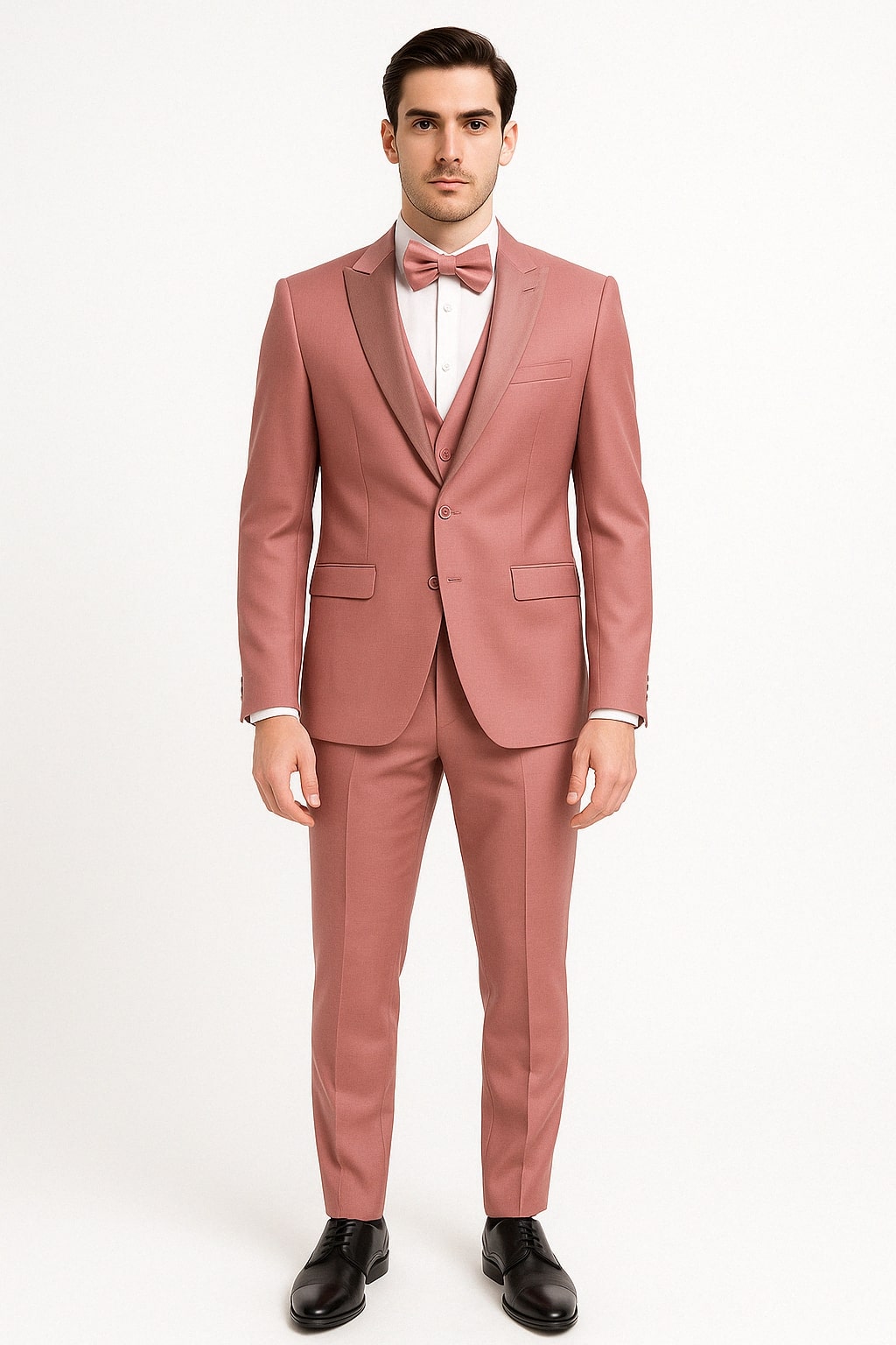 Mens Dusty Pink Three-Piece Slim Fit Tuxedo with Contrast Satin Lapel and Bow Tie