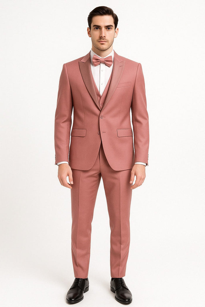 Mens Dusty Pink Three-Piece Slim Fit Tuxedo with Contrast Satin Lapel and Bow Tie by USA Men's Outlet