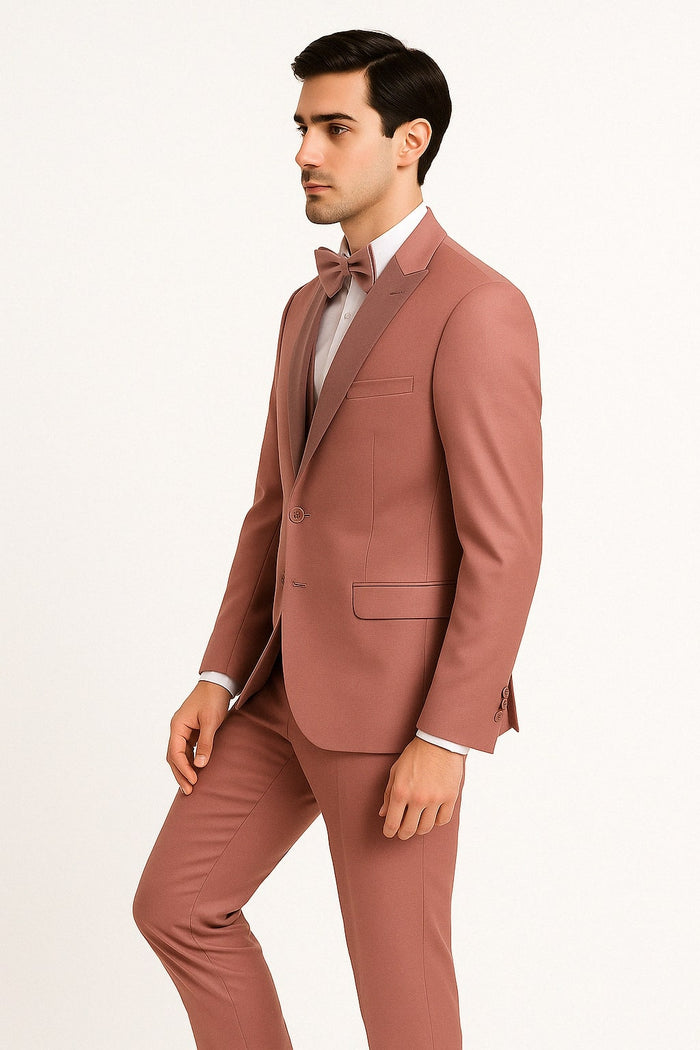 Mens Dusty Pink Three-Piece Slim Fit Tuxedo with Contrast Satin Lapel and Bow Tie by USA Men's Outlet