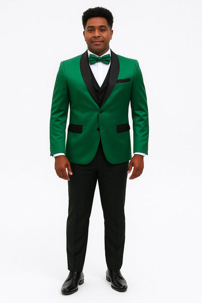 Mens Emerald Green Satin Tuxedo with Black Peak Lapel and Bow Tie – Formal Slim Fit Suit