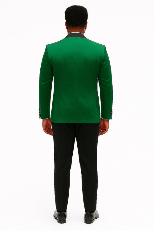 Mens Emerald Green Satin Tuxedo with Black Peak Lapel and Bow Tie – Formal Slim Fit Suit