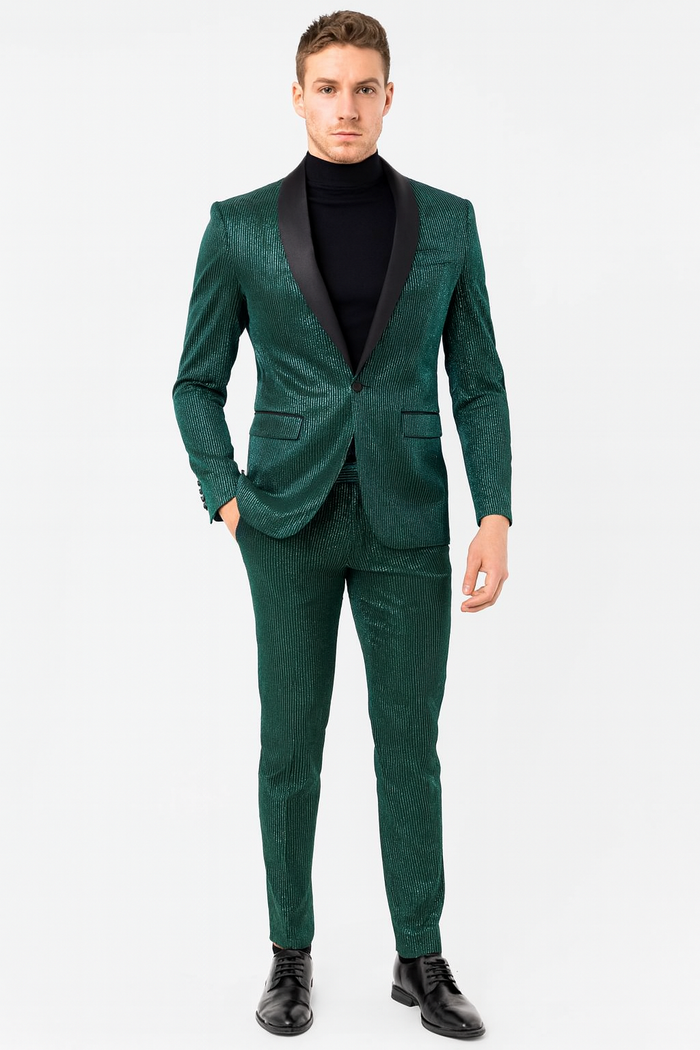 Mens Emerald Green Shiny Stripe Tuxedo Suit - Slim Fit 2-Piece Satin Lapel Dinner Jacket and Pants Ultra slim fit by USA Men's Outlet