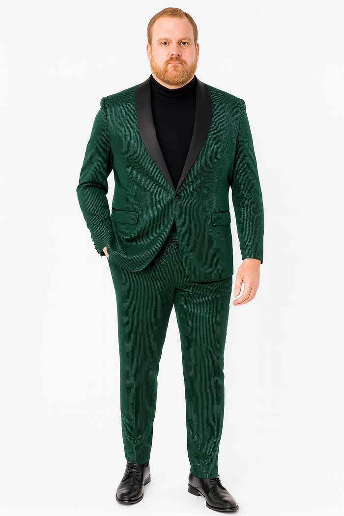 Mens Emerald Green Shiny Stripe Tuxedo Suit - Slim Fit 2-Piece Satin Lapel Dinner Jacket and Pants Ultra slim fit by USA Men's Outlet