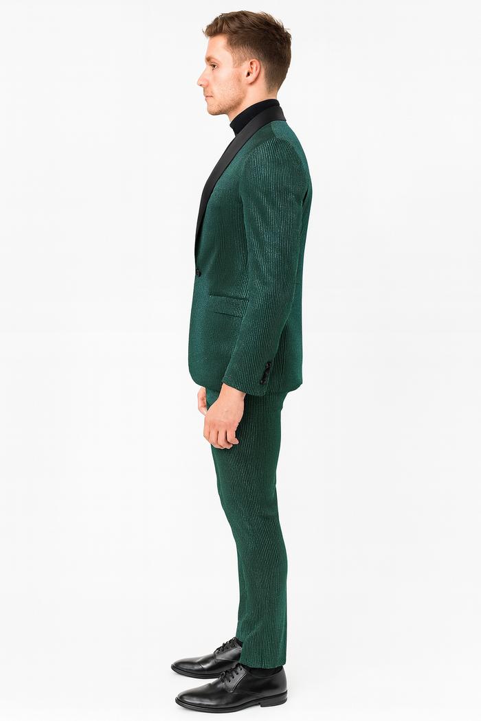 Mens Emerald Green Shiny Stripe Tuxedo Suit - Slim Fit 2-Piece Satin Lapel Dinner Jacket and Pants Ultra slim fit by USA Men's Outlet