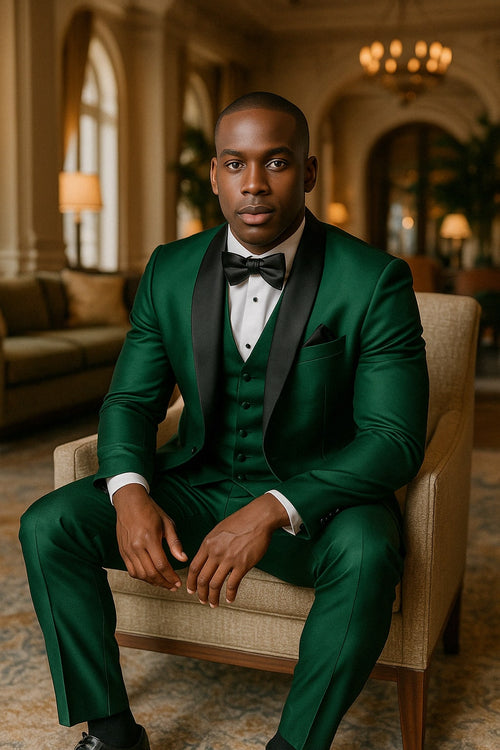 Mens Emerald Green Tuxedo with Black Satin Shawl Lapel – 3 Piece Formal Suit with Vest