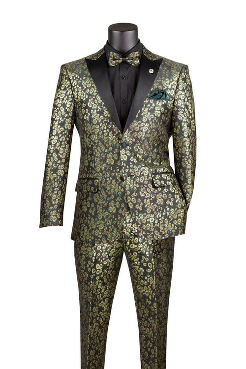 Emerald Green and Gold Floral Tuxedo Suit for Men Perfect Prom or Wedding Suit