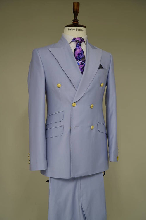 Mens Light Blue Double-Breasted Suit with Gold Buttons - Slim Fit 2-Piece Formal Set in Sky Blue Color by USA Men's Outlet