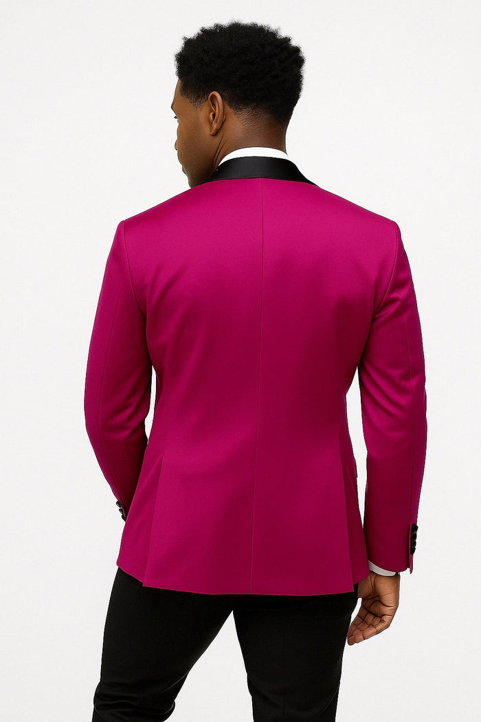 Mens Fuchsia Pink Satin Tuxedo Jacket with Black Peak Lapel - Bold Slim Fit Formal Suit by USA Men's Outlet