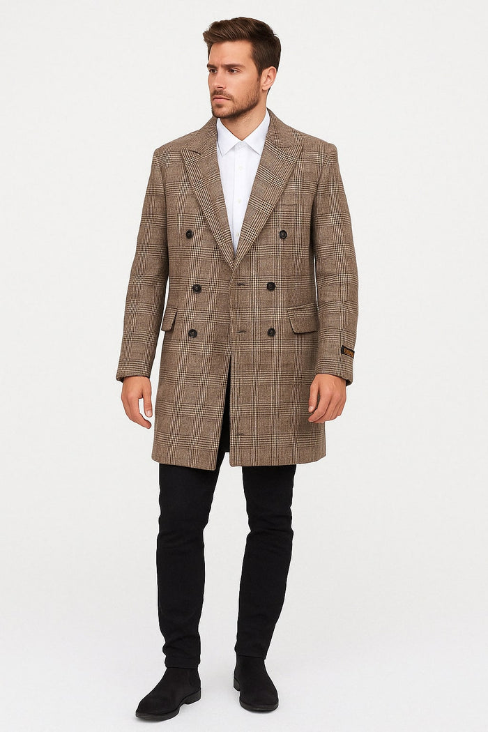 Mens Gray and Light Brown Glen Plaid Wool Overcoat - Double-Breasted Vintage Check Coat by USA Men's Outlet