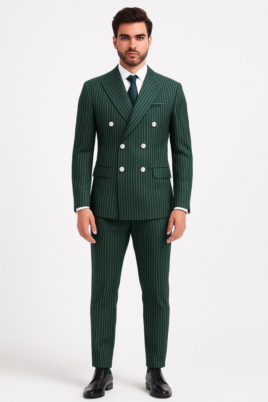 Mens Green Pinstripe Double-Breasted Suit – Slim Fit 2 Piece Formal Business Suit with Peak Lapel 1920s Gangster Pinstripe