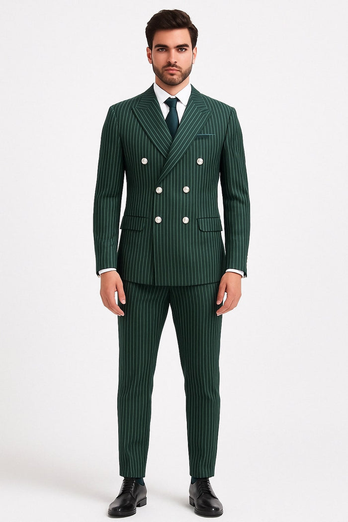 Mens Green Pinstripe Double-Breasted Suit - Slim Fit 2 Piece Formal Business Suit with Peak Lapel 1920s Gangster Pinstripe USA Men's Outlet