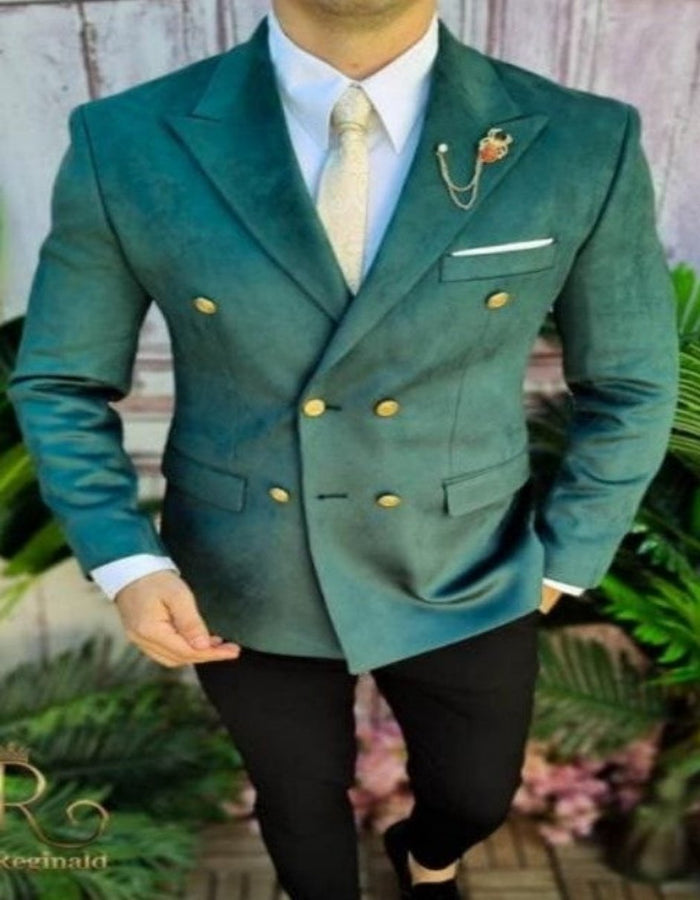 Mens Blazer 6 Button - Green Velvet Fabric - Double Breasted Blazer by Men's Tuxedo USA