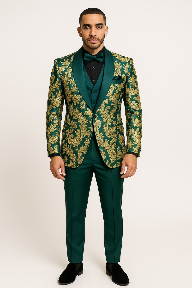 Mens Green and Gold Embroidered Tuxedo – 3-Piece Prom Suit